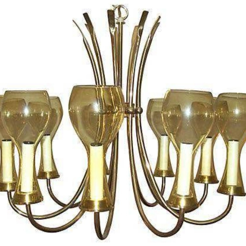 Mid-Century Brass Chandelier Nine Arms Amber Glass Shades